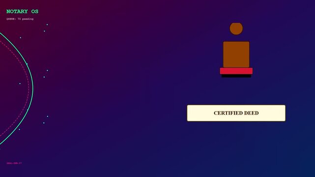 Deed oganization represented by an abstract software interface featuring a simple geometric figure and digital text stamps appearing within a dark minimalist virtual monitor screen