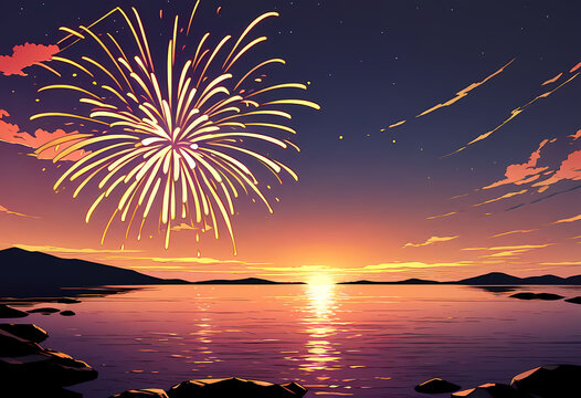Fireworks over Lake at Sunset with Golden Reflection