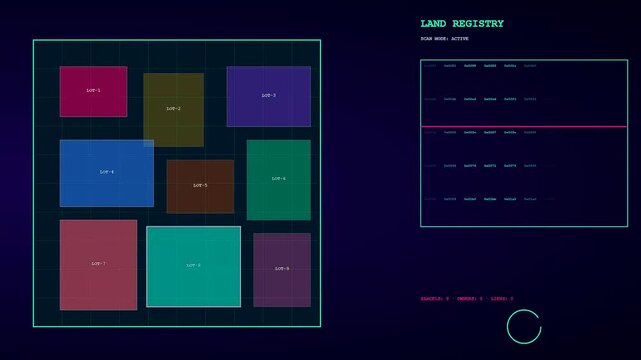 Digital deed oganization process with neon grid patterns shown on a computer screen interface displaying multiple color blocks and scanning data in a loop animation