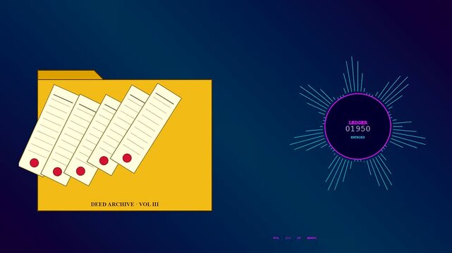 Digital deed oganization is displayed through graphical document folders appearing in a sequence alongside circular audio wave patterns glowing against a dark blue gradient studio field