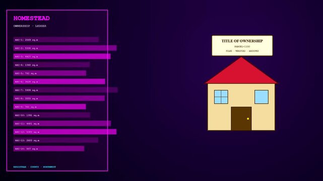 A digital deed organization interface displays property ownership records in a sequence of frames featuring animated house icons and purple list charts against a dark violet atmosphere