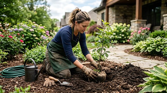 Woman planting a young oak tree in a garden