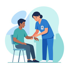 Fototapeta premium Nurse Attaching Blood Pressure Cuff to Patient's Arm in Modern Flat Illustration Style