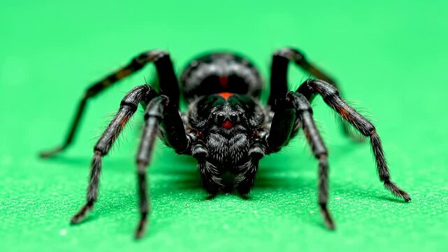 Extreme Close-Up Of A Black Spider On A Bright Green Background Suitable For Scientific And Educational Content