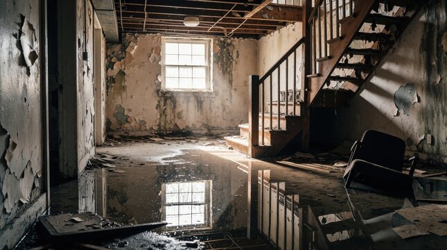 Flooded basement with standing murky water and peeling paint. Damaged walls and floorboards suggest severe water damage after a home disaster event. Dilapidated stairs and debris are visible.