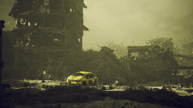 Yellow taxi stranded amid crumbling buildings and oily puddles under sickly yellow haze, eerie tinted light accentuating rust and peeling paint, scene suggests