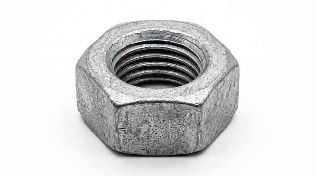 Hexagonal metal nut with displays silver hexagonal nut threaded interior against white background close up manufacturing construction engineering