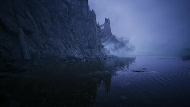 Deep underground tunnel with mineral textures and moist air. Dark stone bridge spanning cavern featuring mineralstreaked walls and misty atmosphere
