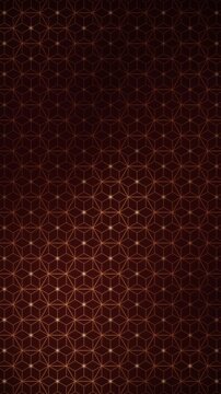 Elegant Japanese Asanoha hemp leaf pattern, gold geometric lattice of fine lines with a soft glow travelling through the six pointed star grid, traditional wagara in soft crimson tones vertical 9:16