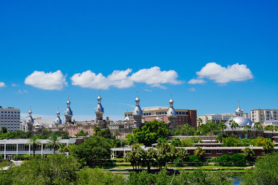 Tampa, Florida USA - Jan 03, 2024: Tampa Hillsborough riverwalk, downtown and University of Tampa landscape