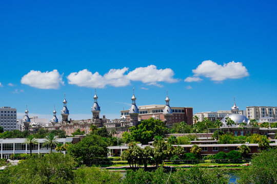 Tampa, Florida USA - Jan 03, 2024: Tampa Hillsborough riverwalk, downtown and University of Tampa landscape