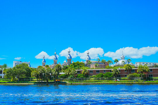 Tampa, Florida USA - Jan 03, 2024: Tampa Hillsborough riverwalk, downtown and University of Tampa landscape