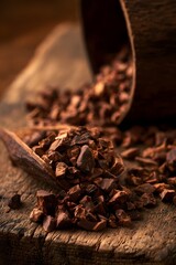 Fototapeta premium Cracked Cocoa Bean with Raw Nibs on Rustic Wood