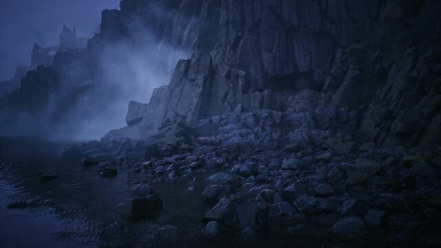 lone sea arch on misty shore, rugged basalt formations, low tide revealing carved rock shapes, spray and soft fog, dramatic textures and stark silhouette