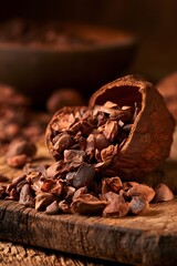 Fototapeta premium Cracked Cocoa Bean with Raw Nibs on Rustic Wood