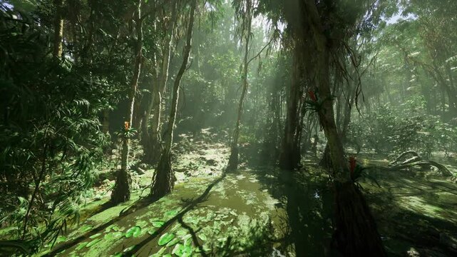 Dappled sunlight falling across green understory, textured forest floor with moss and leaf litter, intimate botanical detail and quiet natural rhythm.