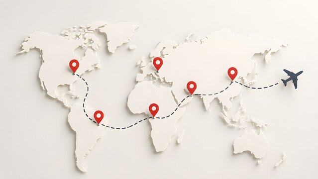 Global travel route concept with airplane flying across world map and red location pins representing international business logistics