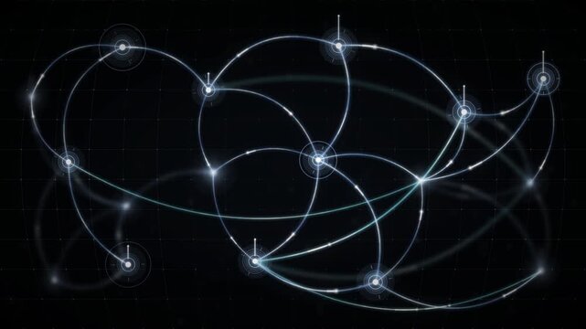Global currency flow network with glowing value streams arcing between financial hubs seamless loop in deep charcoal tones