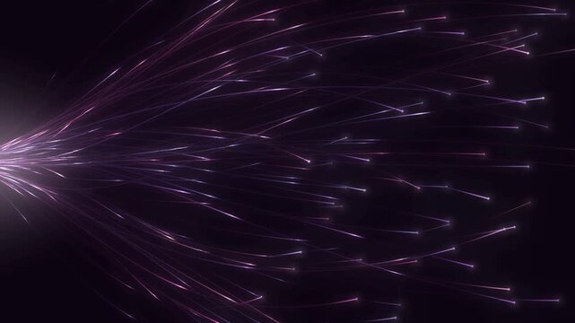 Fiber optic cable bundle splaying with glowing light pulses and lit fiber tips, telecom network background, seamless loop in cool magenta tones
