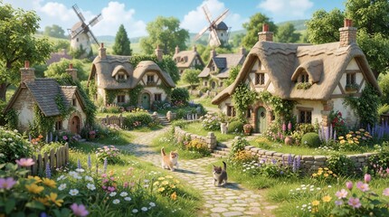 Fototapeta premium Charming fairytale village with cozy thatched cottages, rich gardens. Two cute cats walk along stone path between blooming flowers. Scenic windmills stand on green hills under bright blue sky in