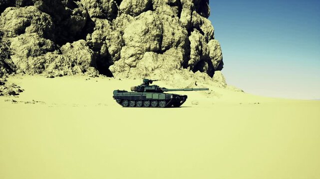Distant tank maneuvering under dawn sky, soft sunrise light casts long shadows, horizon and terrain detail visible, training sortie across open plain