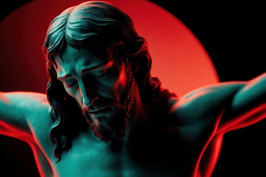 Jesus Christ sculpture on cross under dramatic red light. Symbolic religious figure with serene expression. Sacrifice and suffering theme. Deep spiritual art.