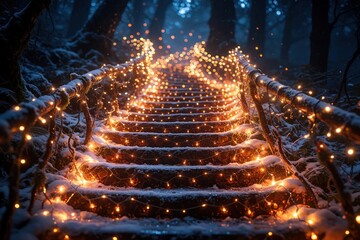 Fototapeta premium Snow covered forest stairs illuminated with warm fairy lights create a magical pathway. The bright glow invites exploration up the wintry stpic in this enchanting scene.