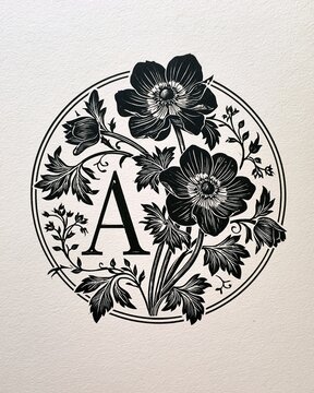 Letter A monogram with vintage black and white floral anemone linocut illustration