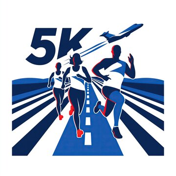 5K road race logo with runners on an airport runway and airplane silhouette graphic.