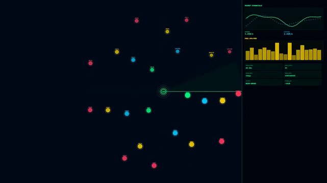 a circular service mesh radar animation scanning digital nodes with flickering yellow bar charts and oscillating frequency curves on a dark interface for network monitoring