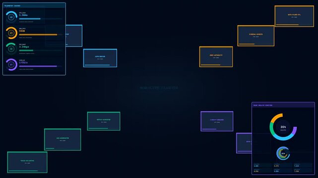 A service mesh diagram visualizes complex network traffic flows using glowing digital charts and status monitoring rings across multiple server clusters in a dark interface