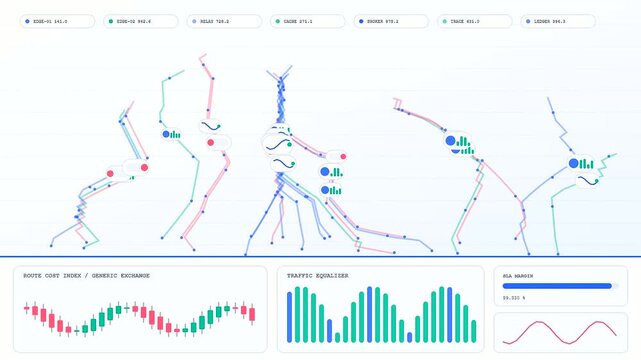 Complex digital service mesh visualization showing data traffic patterns with moving nodes bars and graphs across multiple panels in a stylized clean light computing interface display