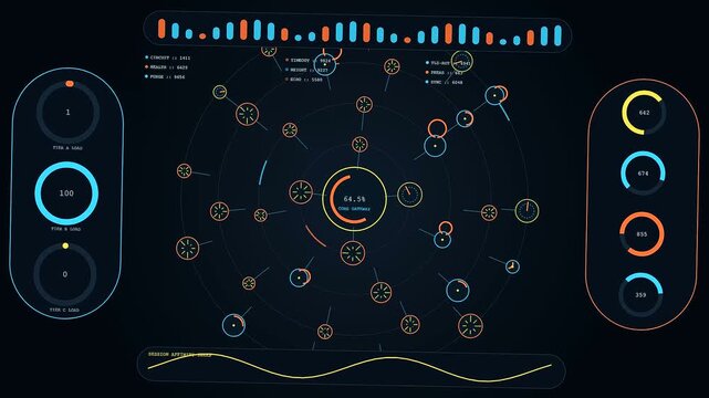A service mesh diagram visualizes streaming network data flows across triple dark panels featuring circular gauges and glowing orange plus blue radial connectivity nodes inside