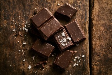 Fototapeta premium Artisan Dark Chocolate Chunks with Sea Salt on Rustic Wood
