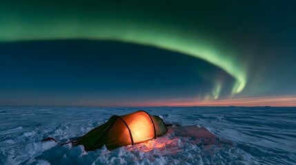 Fototapeta premium Glowing tent in snow covered tundra under aurora borealis