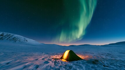 Fototapeta premium Glowing tent in snow covered tundra under aurora borealis