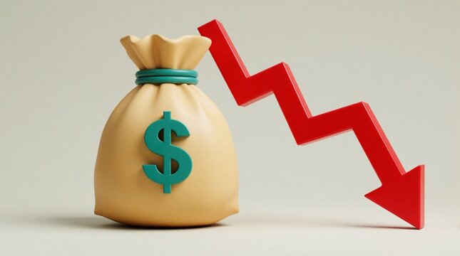 Money bag with dollar sign next to red falling arrow shows financial loss. Economy declines with market crash and recession risks impacting global finance.