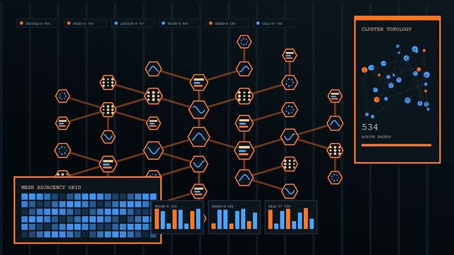 A service mesh diagram visualizes complex network node data structure flow within this digital user interface display showing shifting graph connections and glowing light patterns