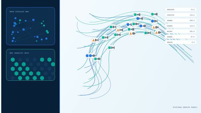 A digital service mesh interface displays complex data node connections and flow lines as information streams across a clean geometric grid for modern user monitoring