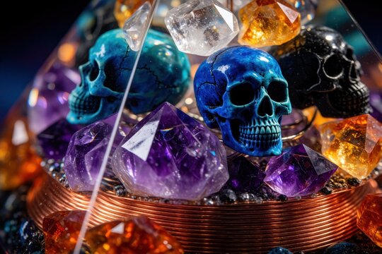 Orgone pyramid generator with colorful crystals and skulls. Hand-made spiritual object features amethyst quartz citrine. Used for meditation healing energy balance.