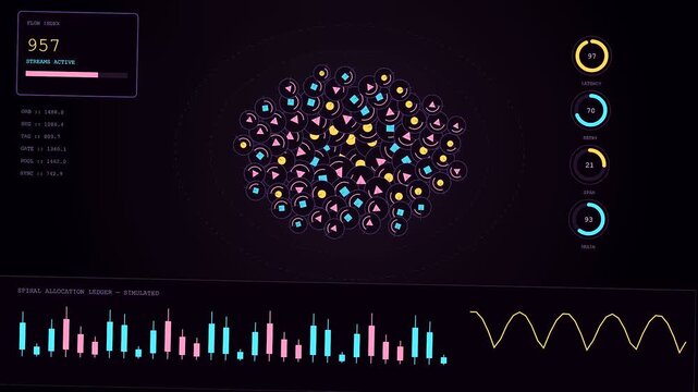 Digital service mesh network traffic simulation displayed on a dark interface featuring glowing geometric shapes flickering circle indicators and pulse wave graphs in deep purple hues