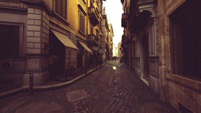 sunlit narrow lane with cafe awning and wet cobbles, morning light highlighting shuttered storefronts, subtle steam from espresso machine, inspiration