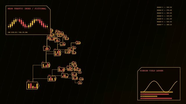 A digital service mesh interface displays growing tree graphs and analytical stock market charts while data flows across a darkened grid in this software simulation