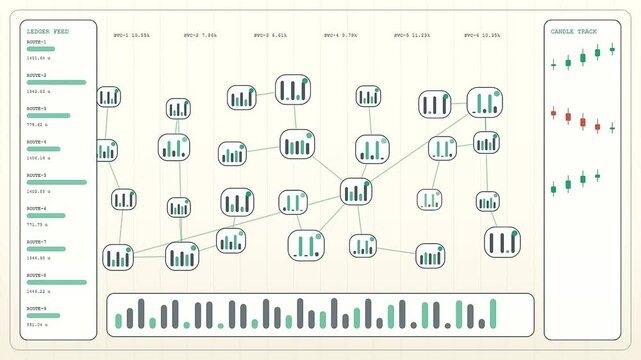 A service mesh diagram visualizes complex network data streams as nodes connect across three sequential software interface screen stages during an active system monitoring process