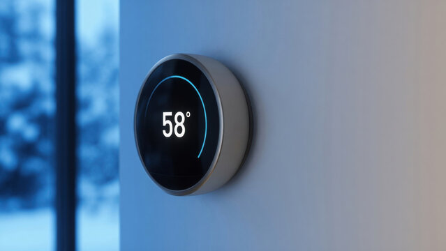 Smart thermostat wall home technology digital temperature control modern energy interior Smart thermostat wall modern home interior showing cool Seasonal affective disorder winter blues concept