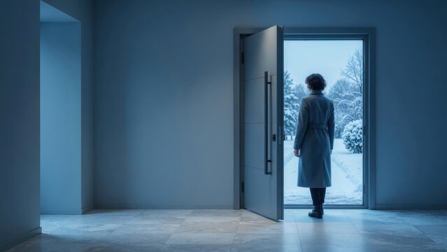 Woman doorway winter open door winter woman standing door winter landscape snow cold season mood indoor outdoor contrast modern hallway interior Seasonal affective disorder winter blues concept