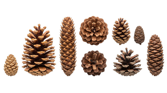 Collection of diverse pine cones in varying sizes and shapes isolated on transparent background