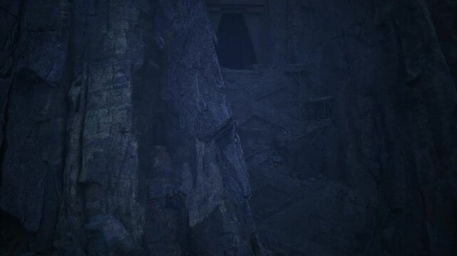 triangular cave entrance carved into cliff, deep recessed opening framed by rugged stone, echoing silence with hint of hidden interior, moody exploration vibe