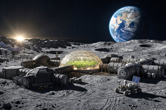 Cinematic 3D render of a self-sufficient human lunar research base on the Moon surface at sunrise, featuring a glowing greenhouse dome and Earth in the background.
