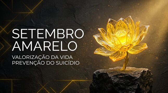 Yellow September suicide prevention poster with glowing golden lotus flower on dark rock - mental health awareness, life appreciation, hope campaign design with Portuguese text